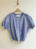The Henry Top | Dark Blue & Burgundy Plaid Cap Sleeve w/ Smocked Waist & Eyelet Trim (Reworked) - Made X Hudson