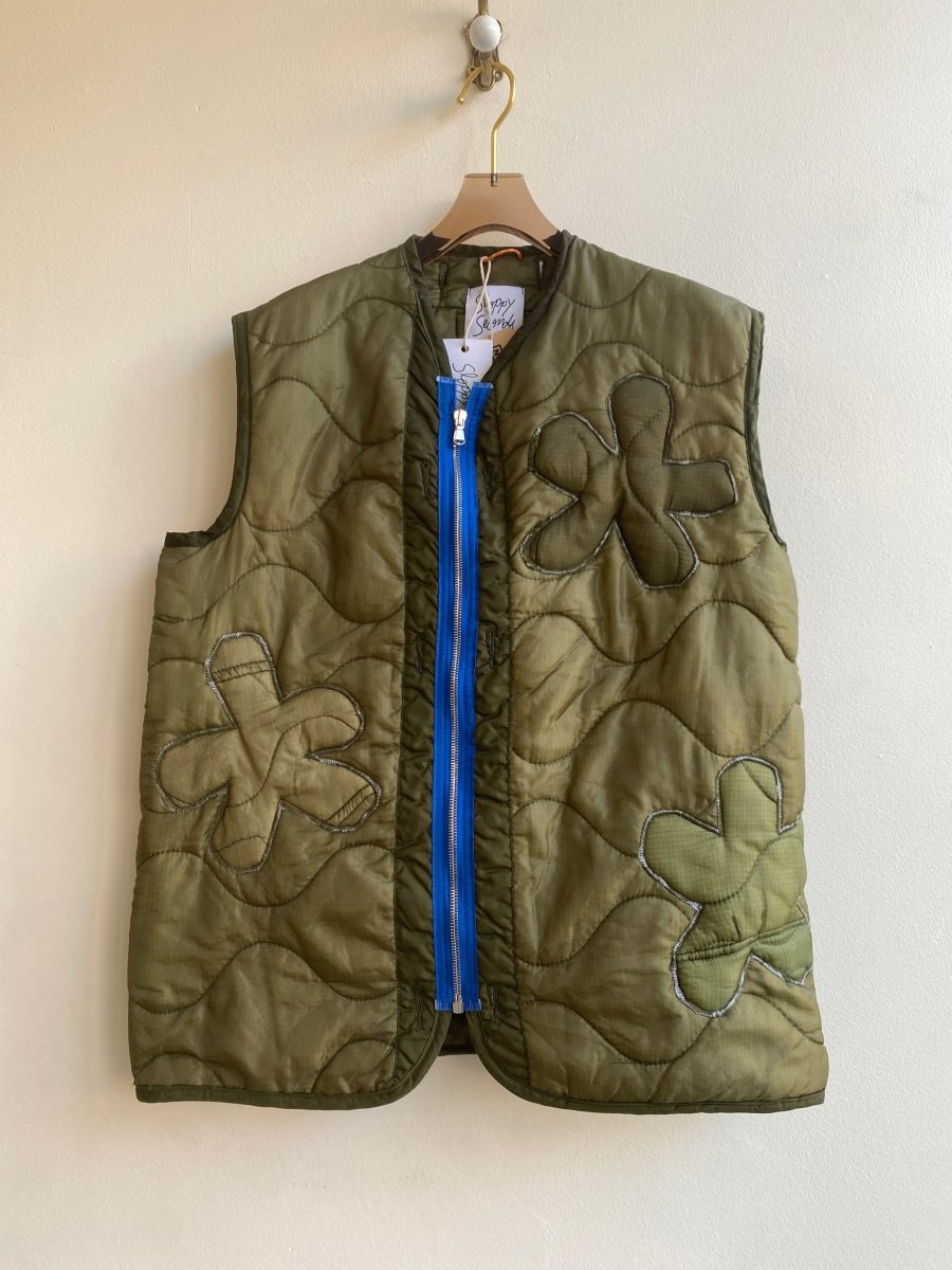 Olive Green Army Liner Quilted Vest w/ Floral Quilting & Blue Zipper (Reworked) - Made X Hudson