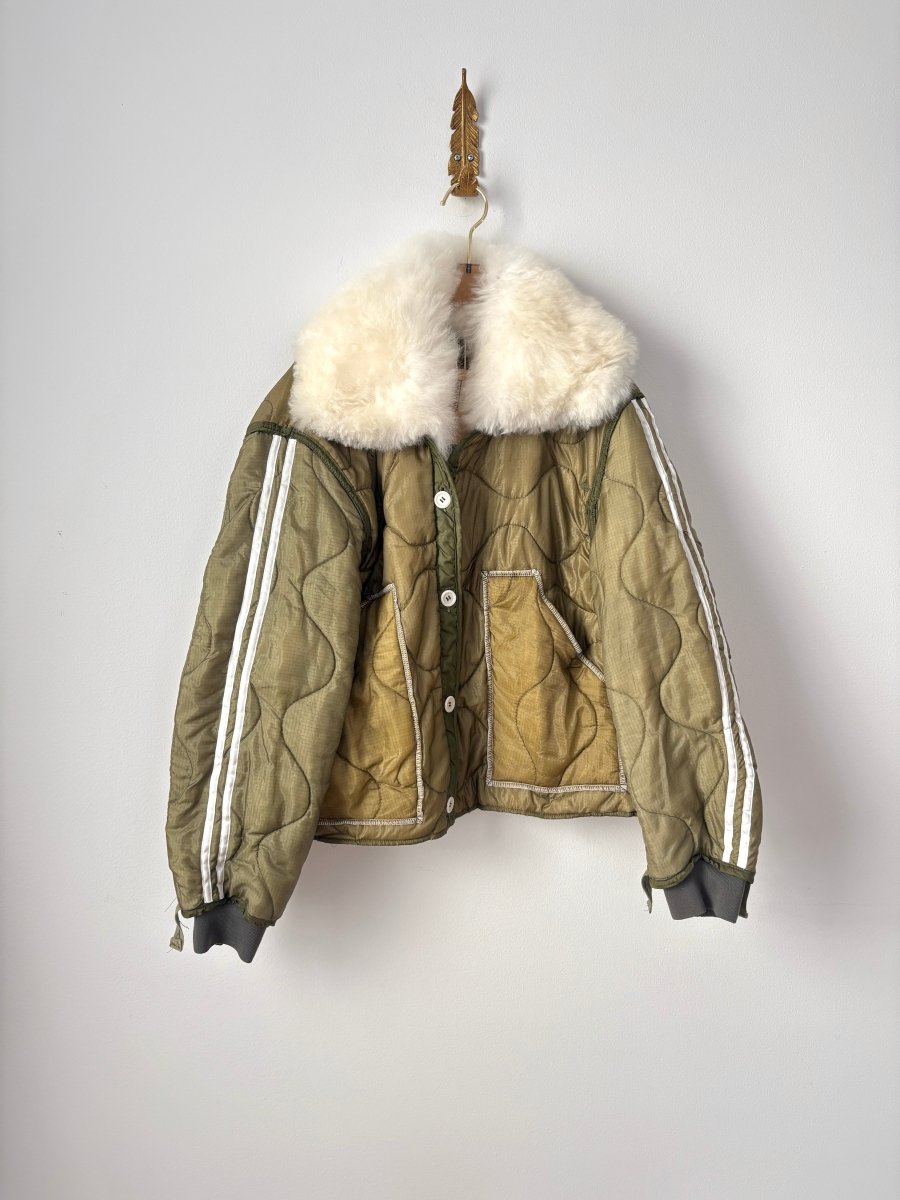 Mixed Olive Army Liner Quilted Coat w/ White Alpaca Fur Collar, Athletic Stripe & White Buttons (Reworked) - Made X Hudson