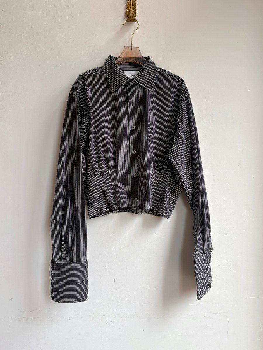 The Kevin Top | Black w/ Grey Micro Stripe Button Down w/ Gathered Waist & Pocket (Reworked) - Made X Hudson