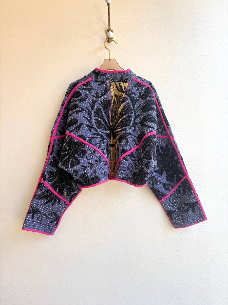 Reversible Suzani Quilted Cropped Jacket in Colors Deep Lavender, Purple, Black & Ecru, Light Seafoam, Black - Made X Hudson