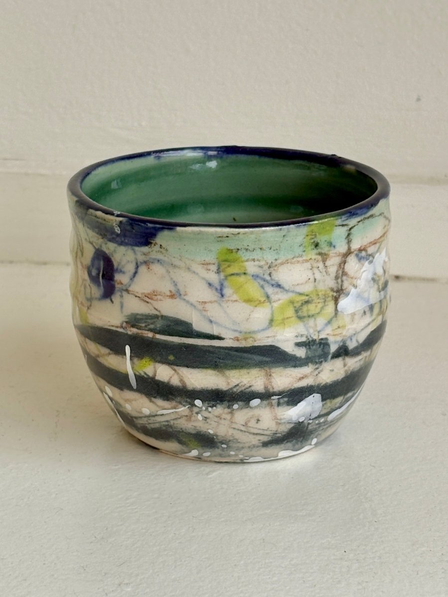 Teal, Navy, Cream & Highlighter Yellow Glazed Interior Decorative Vase (Multiple Styles) - Made X Hudson