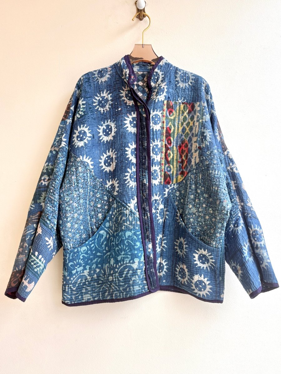 Reversible Ladhiya Quilted Jacket in Colors Indigo Blue, Marigold, Navy & Medium Blue, Cream, Teal - Made X Hudson