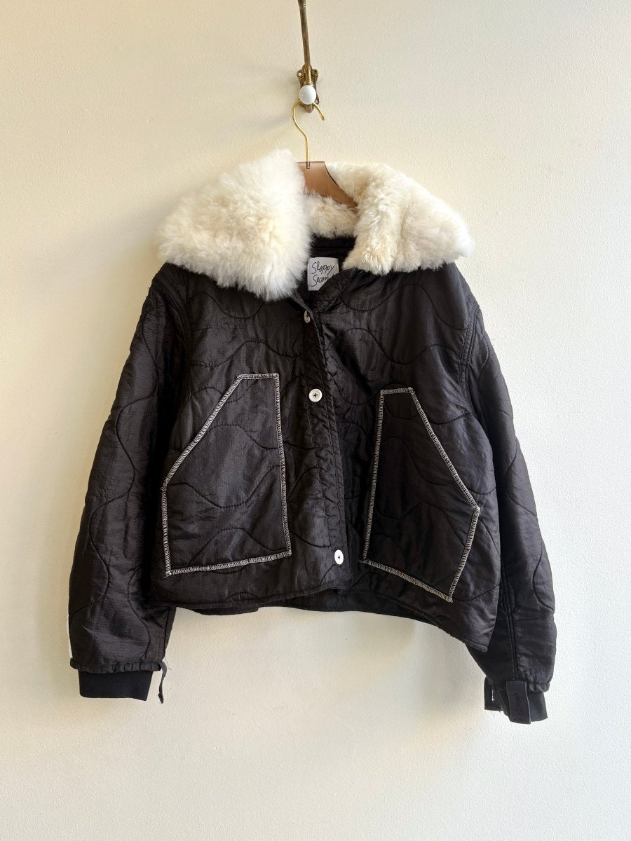 Black Army Liner Quilted Coat w/ White Alpaca Fur Collar, White Buttons, & White Athletic Stripe (Reworked) - Made X Hudson