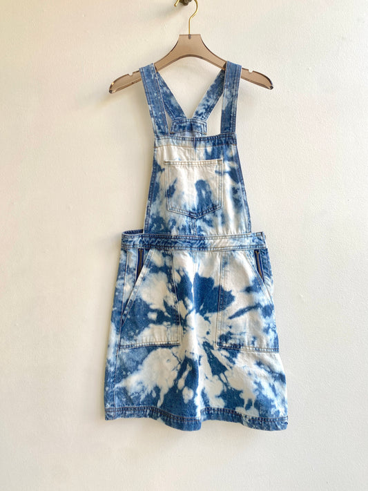 Hand Dyed Blue Acid Wash Denim Overall Mini Dress (Reworked)