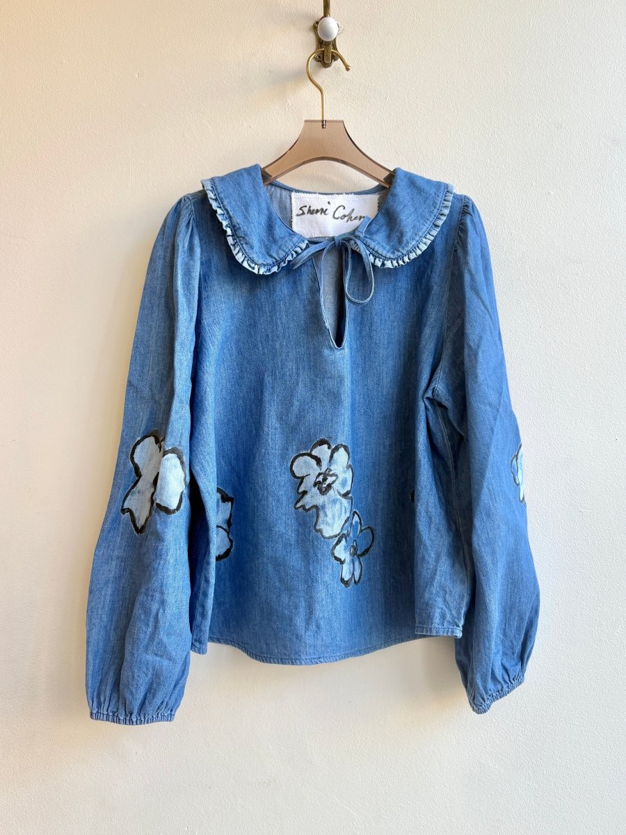 Blue Denim & Black Floral Painted Collared Top (Reworked) - Made X Hudson
