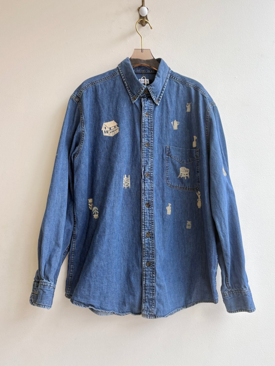 Tiny Print Button Up Denim with Light Gold and Gold Stitching | Block Printed (Reworked) - Made X Hudson