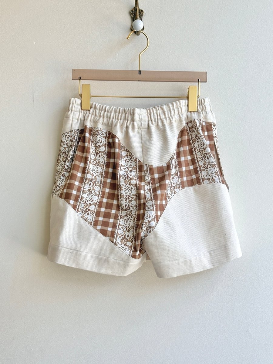 Natural Canvas & Brown Gingham Floral Print Wave Shorts - Made X Hudson