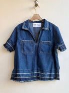 Denim and White Line Embroidered Short Sleeve Top (Reworked) - Made X Hudson