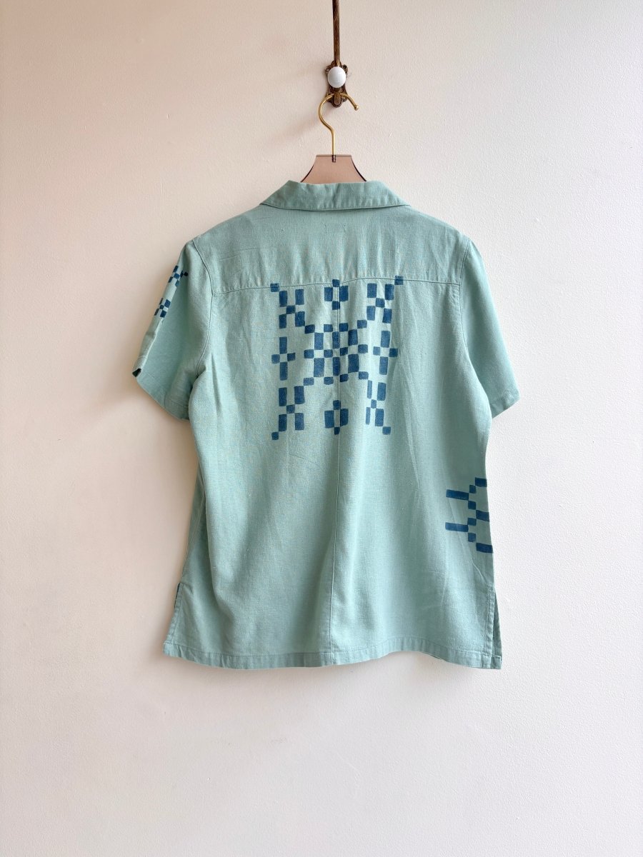 Hand Painted Sea Foam Woven Checker Motif Short Sleeve Top (Reworked) - Made X Hudson