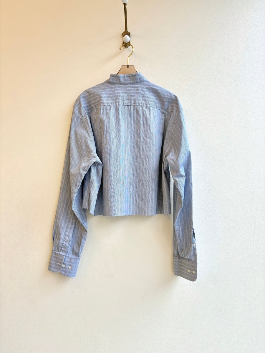 Blue Hairline Stripe Annette Crop Top w/ Light Blue Embroidered “Apres” (Reworked) - Made X Hudson