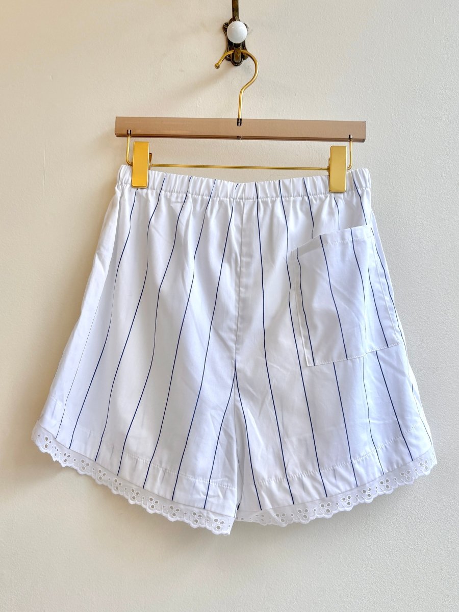 White Wide Micro Blue Stripe w/ Eyelet Trim Boxer Shorts (Reworked) - Made X Hudson