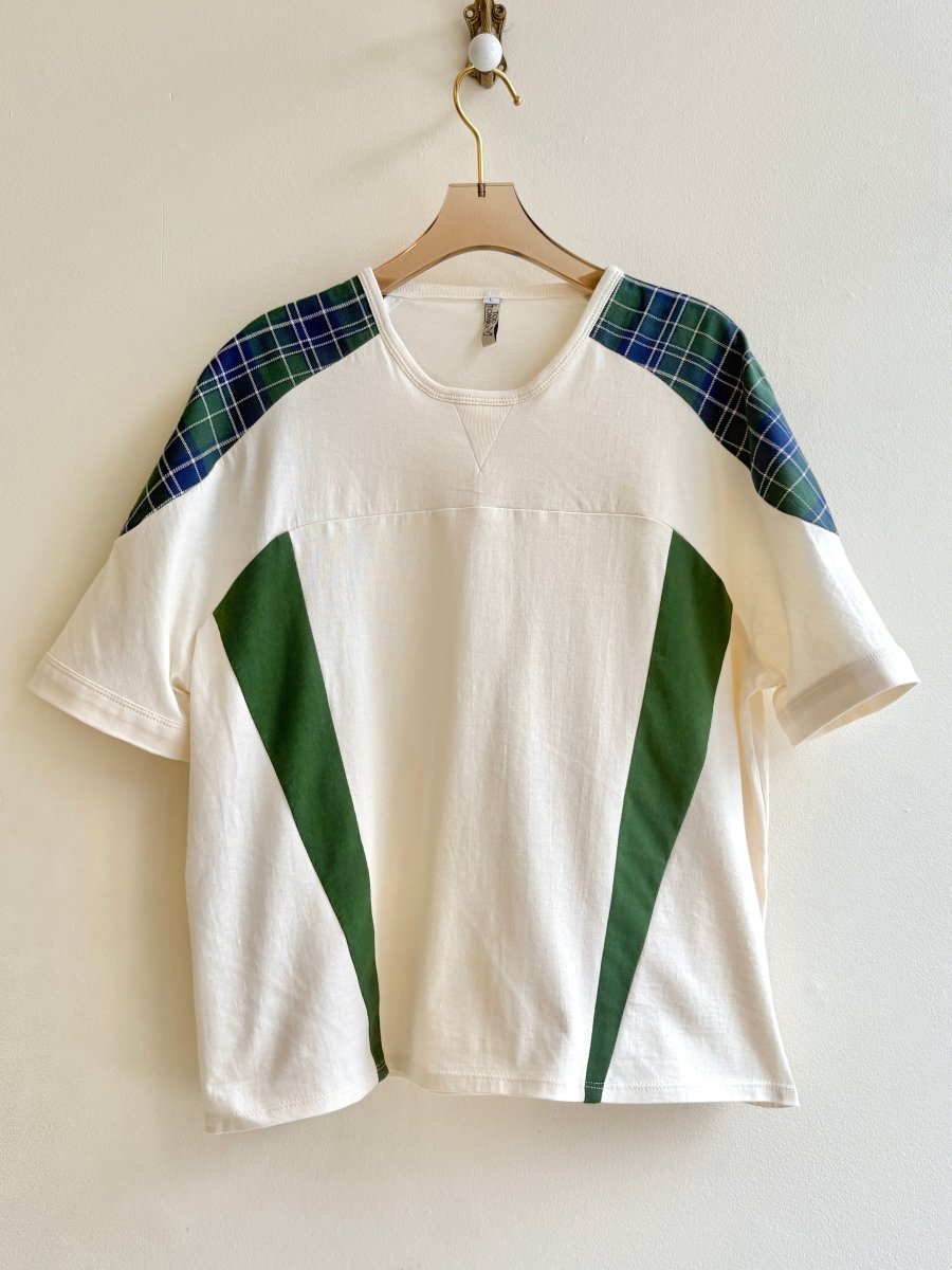 Beige Jersey T-Shirt | Color Blocked with Plaid Shoulder - Made X Hudson