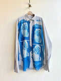 Pixilated Dolly Parton and Kitten Blue Cyanotype Gridded Button-Up Shirt (Reworked) - Made X Hudson