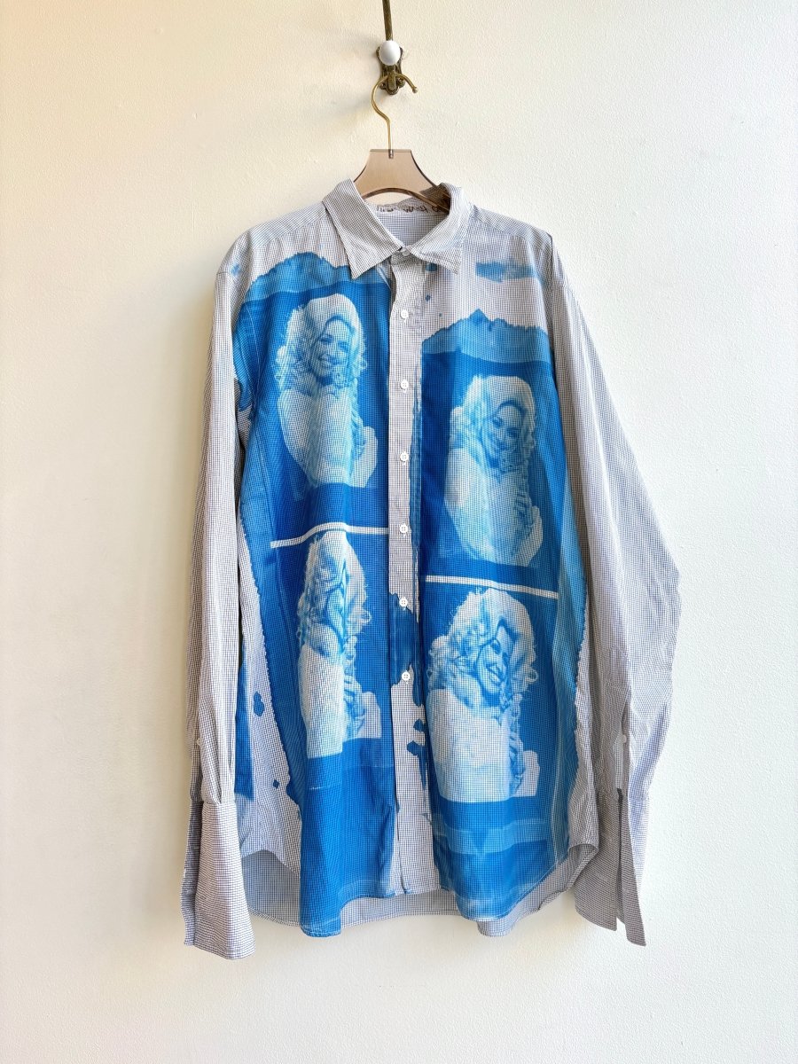 Pixilated Dolly Parton and Kitten Blue Cyanotype Gridded Button-Up Shirt (Reworked) - Made X Hudson