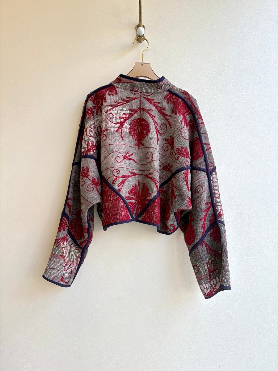 Reversible Kaira Suzani Quilted Cropped Jacket in Colors Grey, Maroon & Green, Marinara - Made X Hudson