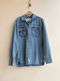 Aqua Shimmer, Gold, and Navy | Embroidered Striped Blue Button Down (Reworked) - Made X Hudson