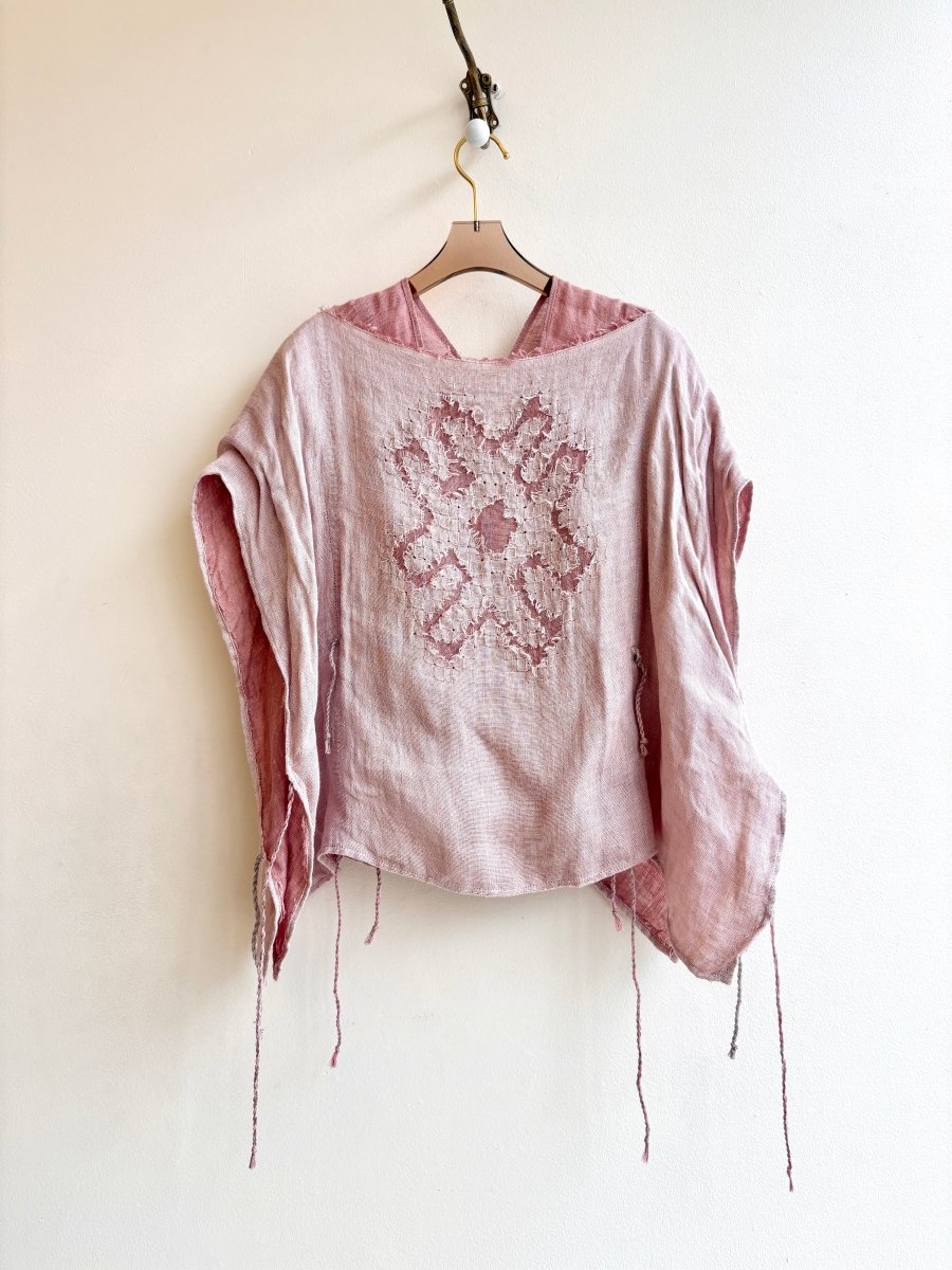 2D Vestment Hand Embroidered Cape Top w/ Ties | Blush and Mauve Linen - Made X Hudson
