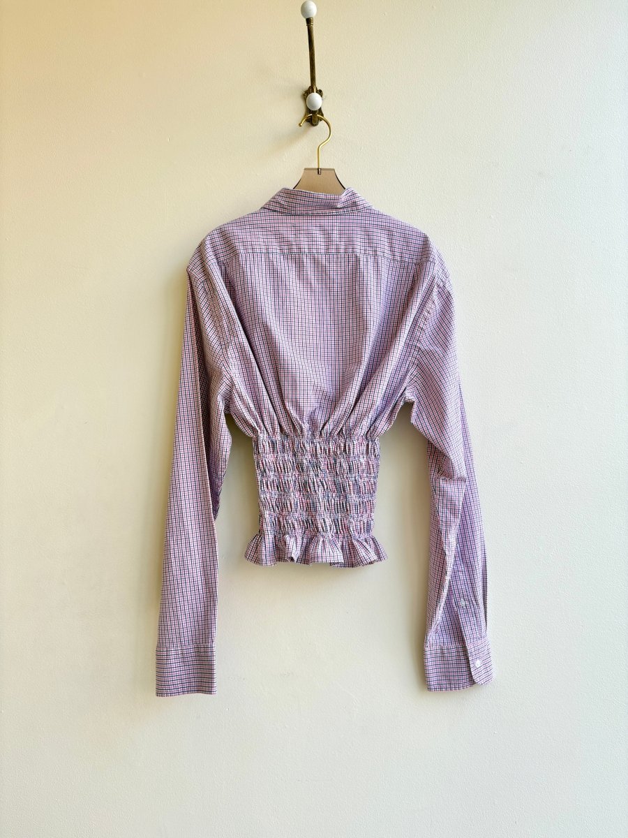 The George Top | Navy, Pink, White Plaid Button Down Top w/ Smocked Waist (Reworked) - Made X Hudson