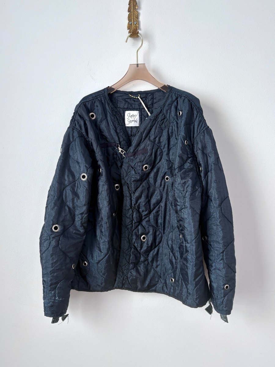 Navy Army Liner Quilted Coat w/ Single Silver Clasp & Grommets (Reworked) - Made X Hudson