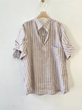 Brown & White Striped Linen Pocket Front Shirt w/ Draped Sleeves - Made X Hudson