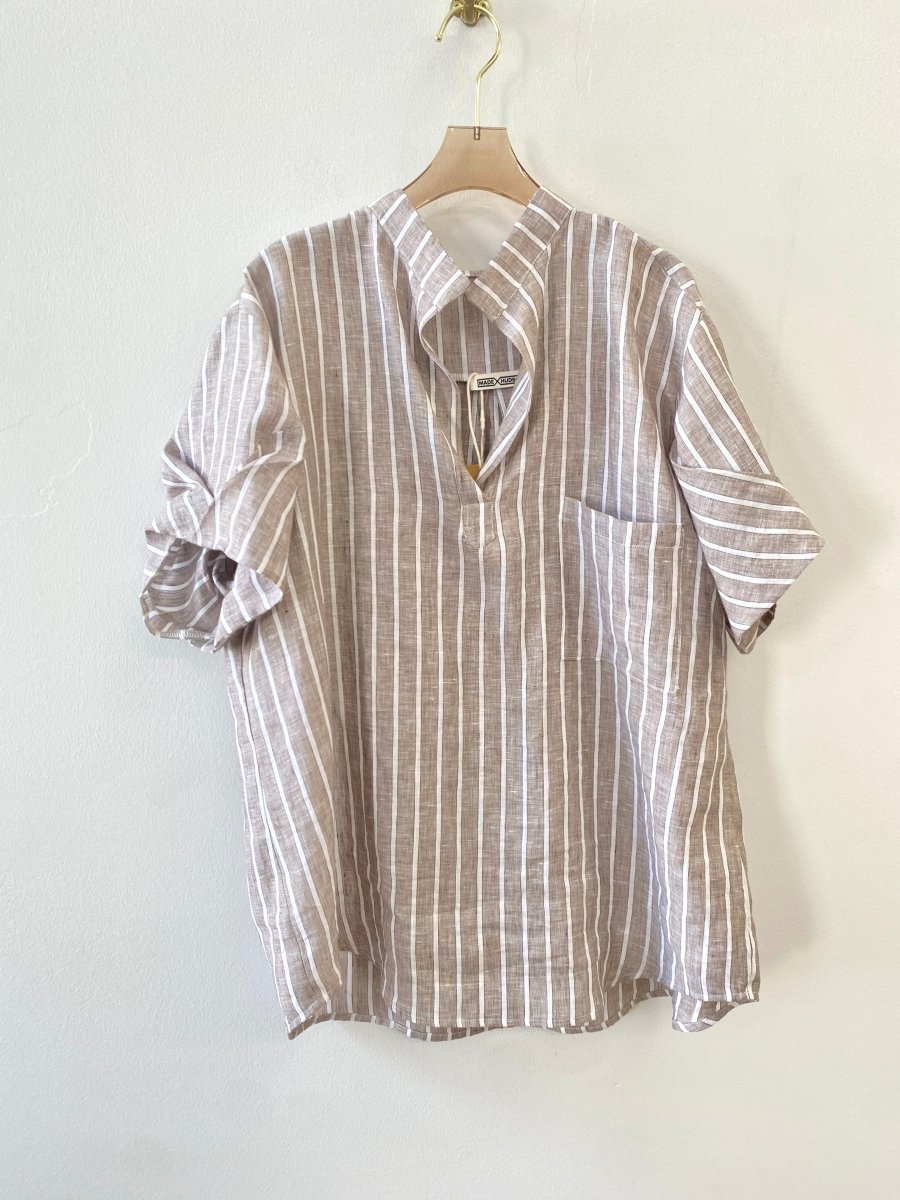 Brown & White Striped Linen Pocket Front Shirt w/ Draped Sleeves - Made X Hudson