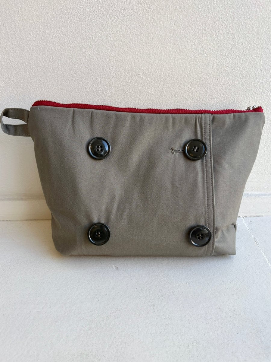 Grey Trench Coat Travel Pouch w/ Olive Buttons (Reworked) - Made X Hudson