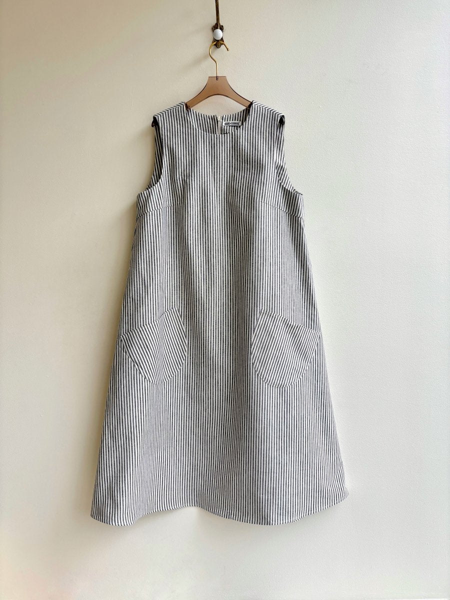 Black and Ivory Striped Chore Dress w/ Patch Pockets - Made X Hudson