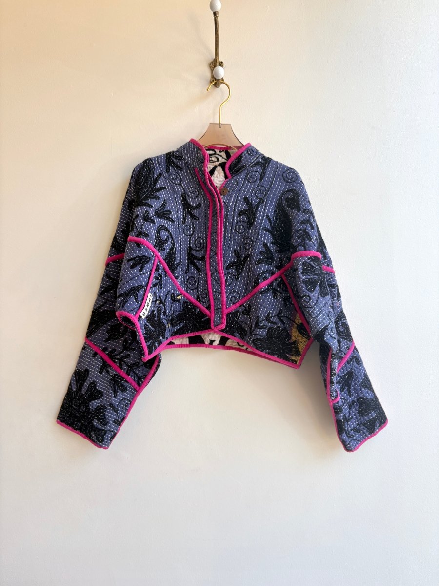 Reversible Suzani Quilted Cropped Jacket in Colors Deep Lavender, Purple, Black & Ecru, Light Seafoam, Black - Made X Hudson