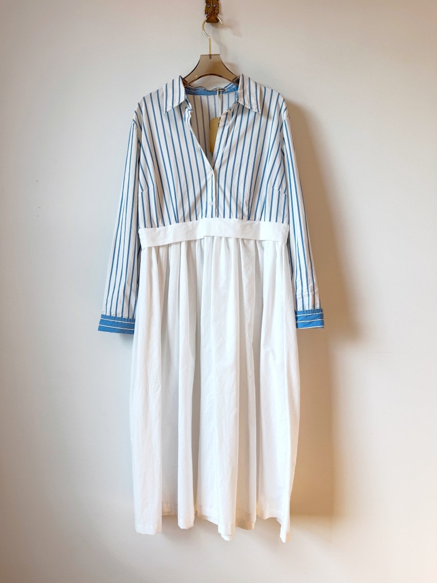 Empire Shirtwaist Dress in Blue & White Shadow Stripe & White (Reworked) - Made X Hudson