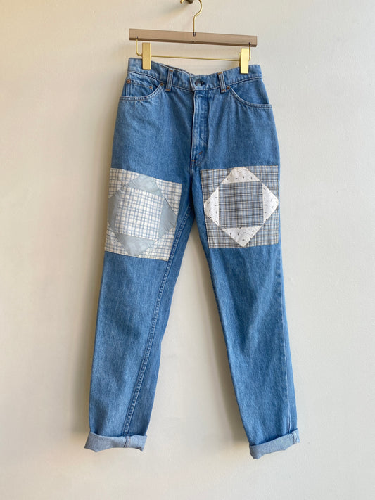 Vintage Red Tab Levi’s w/ Pale Blue & White Gingham Quilted Patch Pants (Reworked)