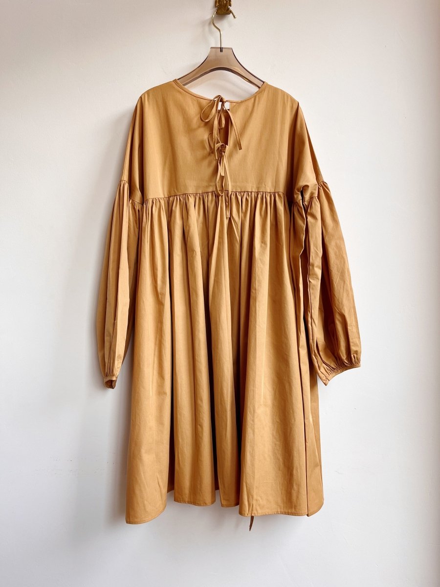 Caramel Beige Long Sleeve Cotton Phoebe Puff Sleeve Dress w/ Belt - Made X Hudson