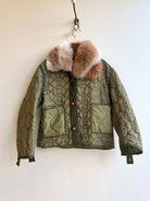 Light Olive Green Army Liner Quilted Coat w/ Caramel Swirl Alpaca Fur Collar (Reworked) - Made X Hudson