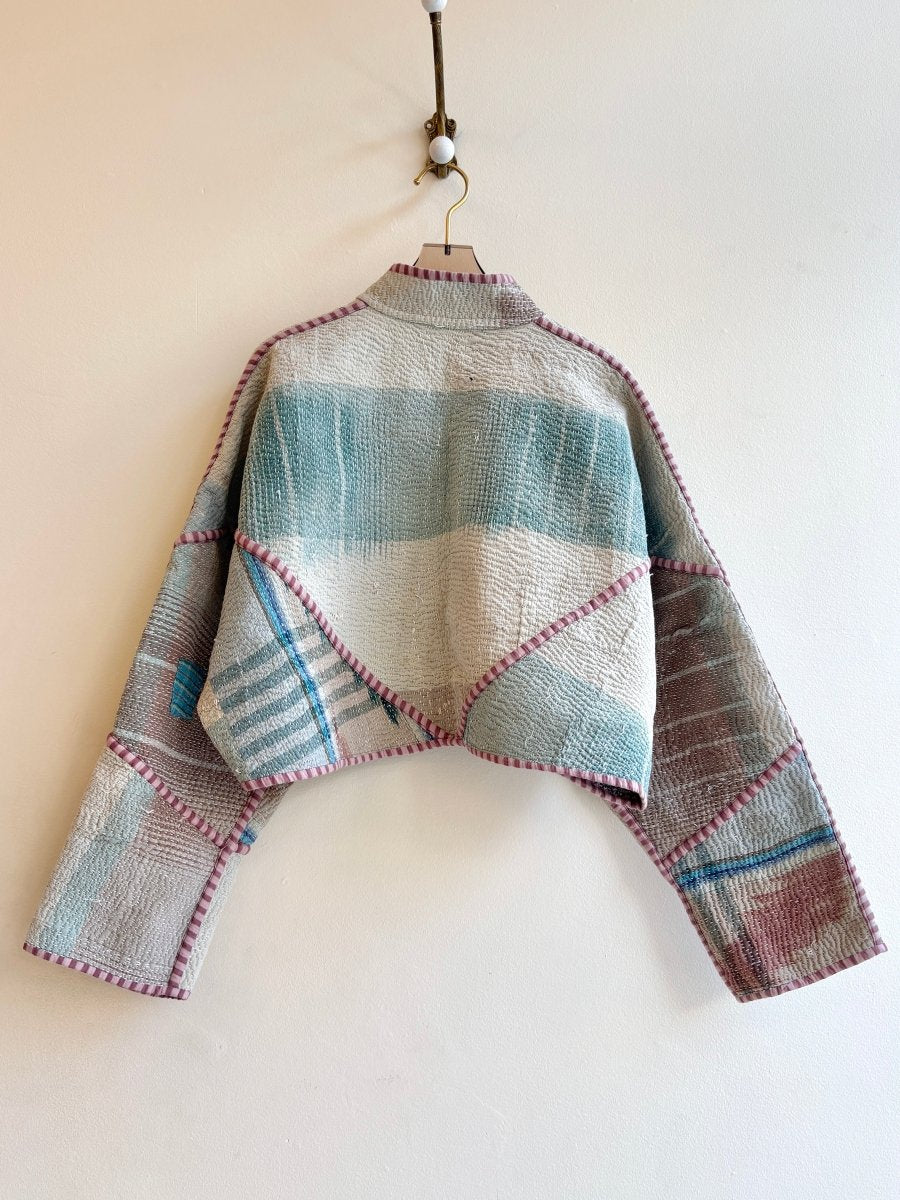 Reversible Kaira Quilted Cropped Jacket in Colors Grey, Ice Blue, Tan, Blush & Multi Colored Patchwork - Made X Hudson