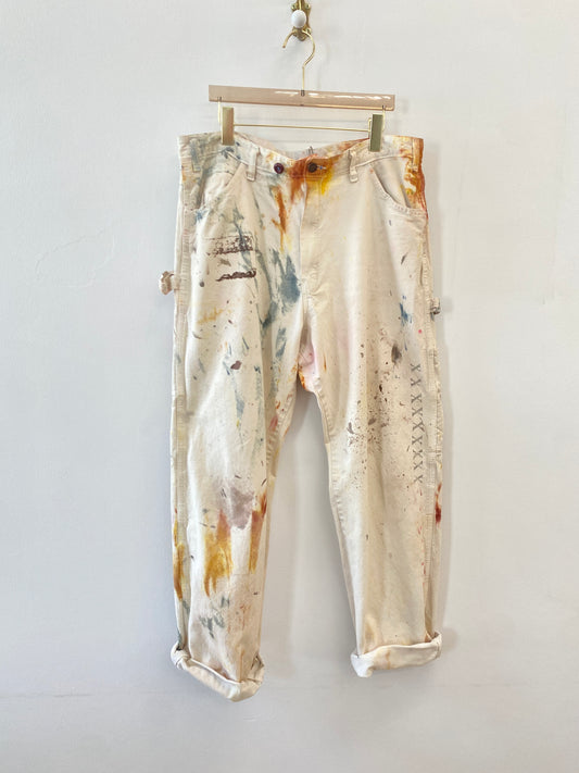 Splatter Dyed Orange, White, & Blue Pants w/ “X” Stenciling (Reworked)