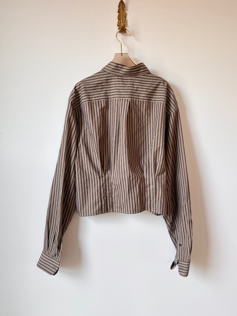 The Kevin Top | Mocha w/ Brown Stripes Button Down Top w/ Gathered Waist (Reworked) - Made X Hudson
