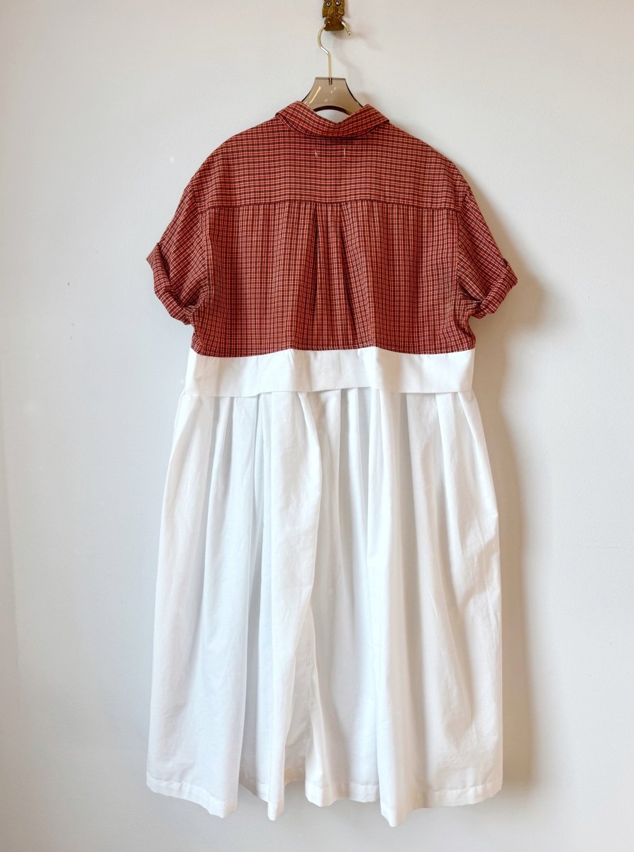 Empire Shirtwaist Dress in Pumpkin, Black, & White Plaid & White w/Short Sleeves (Reworked) - Made X Hudson