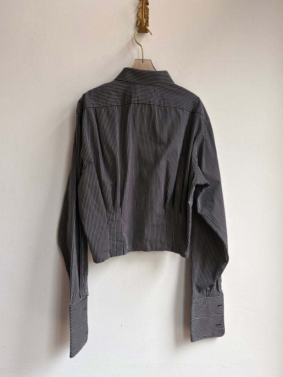 The Kevin Top | Black w/ Grey Micro Stripe Button Down w/ Gathered Waist & Pocket (Reworked) - Made X Hudson