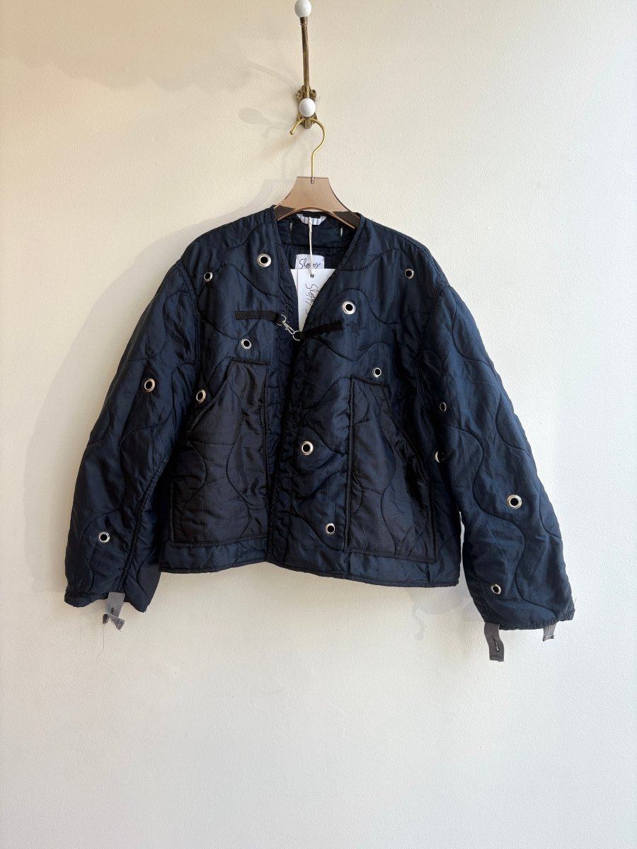 Deep Navy Army Liner Quilted Coat w/ Silver Grommet, Clasp, & Black Pockets (Reworked) - Made X Hudson