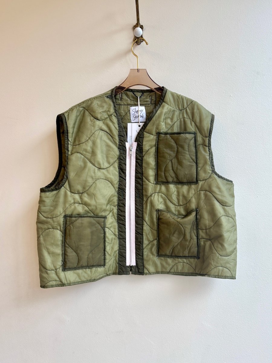 Light Olive Green Army Liner Quilted Vest w/ Offset Pink Zipper & Pockets (Reworked) - Made X Hudson