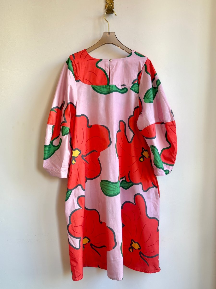 Pink & Red Flower Bib Dress w/ Balloon Sleeves - Made X Hudson