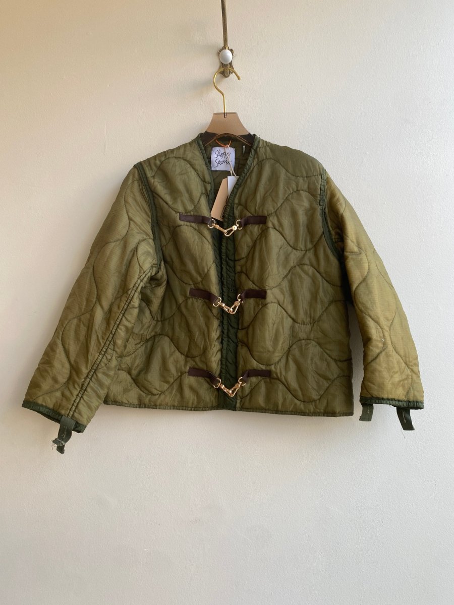 Olive Green Army Liner Quilted Coat w/ Faux Leather & Gold - tone Clasps (Reworked) - Made X Hudson