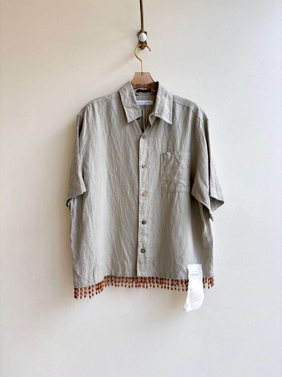 Slate Linen Button Up Shirt w/ Wooden Beaded Fringe (Reworked) - Made X Hudson