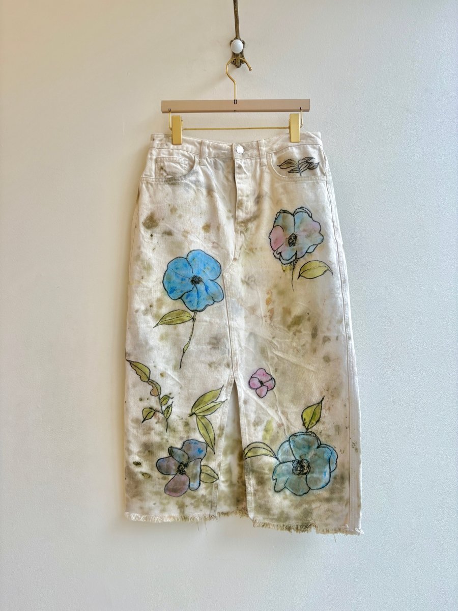 "Rosemary" Eco-Printed and Hand Drawn White Denim Skirt (Reworked) - Made X Hudson