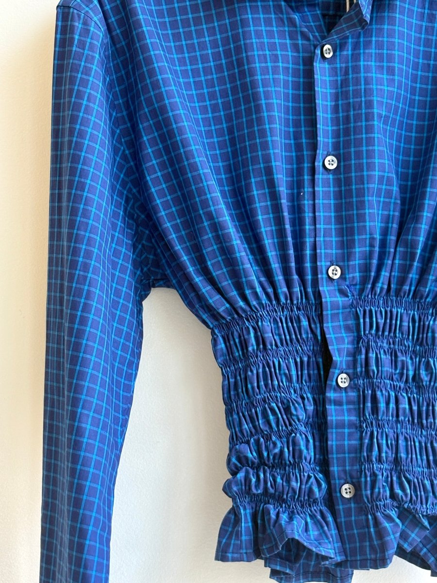 The George Top | Navy & Electric Blue Plaid Button Down Top w/ Smocked Waist (Reworked) - Made X Hudson