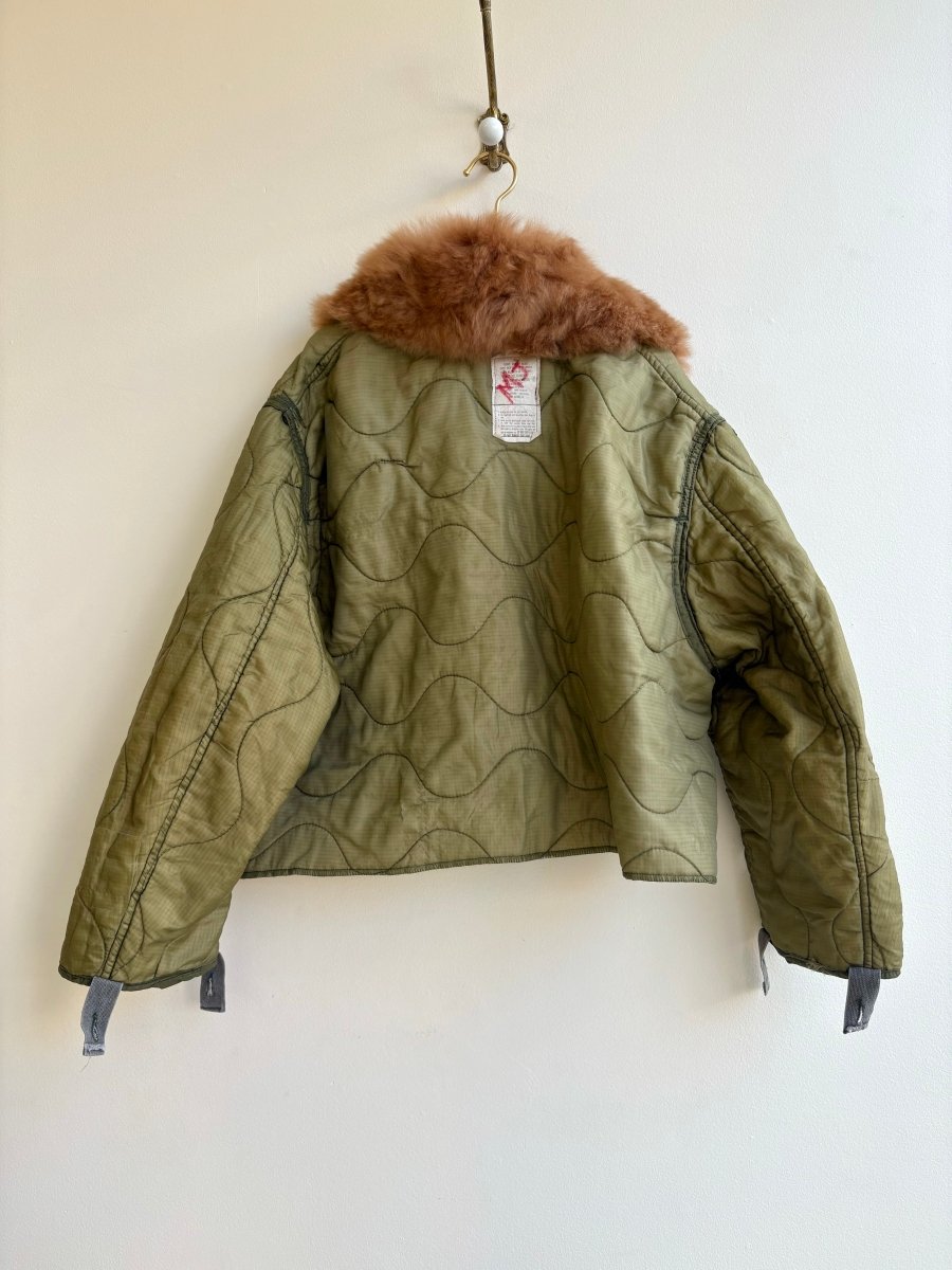 Olive Green Patched Army Liner Quilted Coat w/ Caramel Alpaca Fur Collar (Reworked) - Made X Hudson