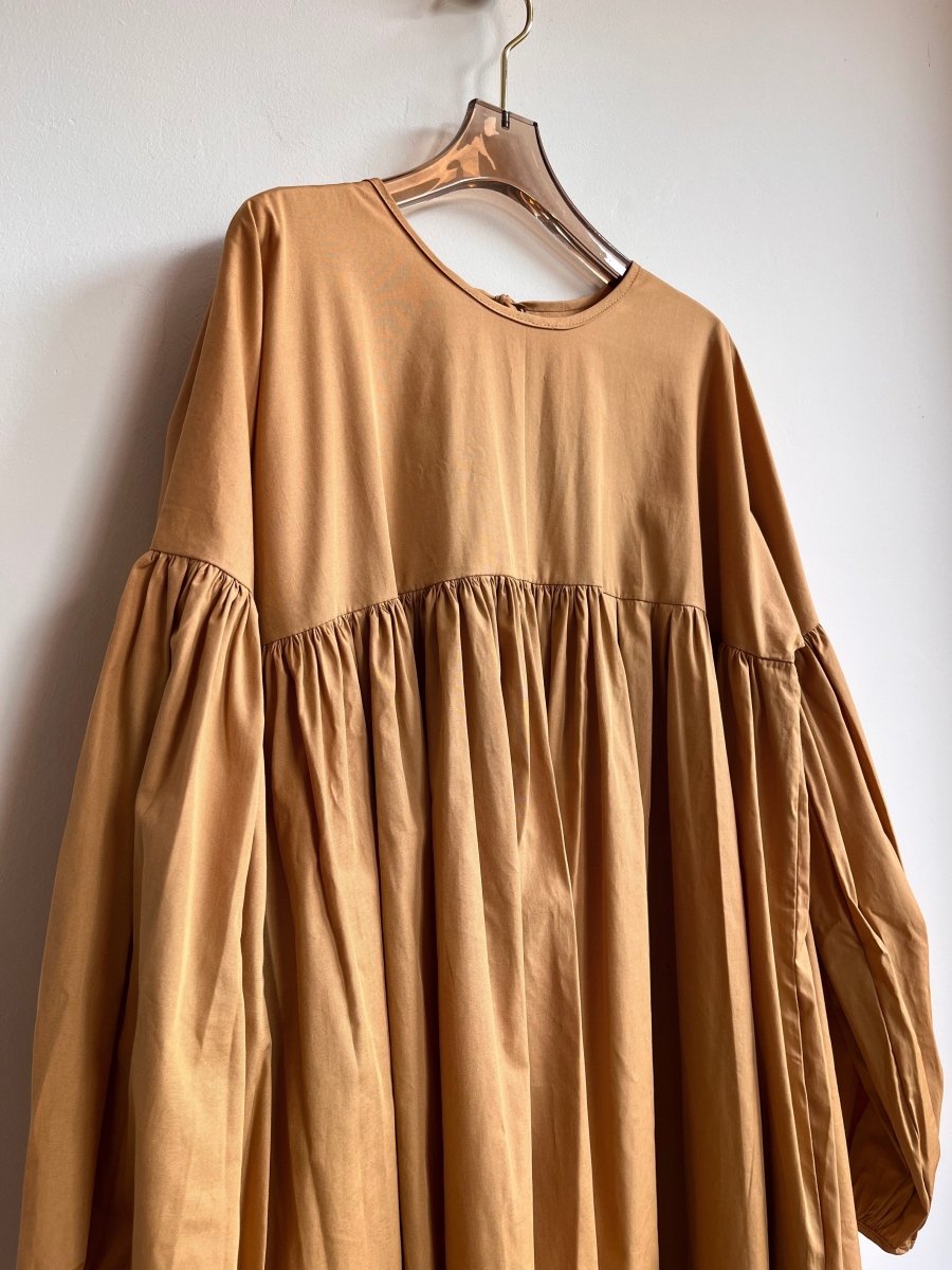 Caramel Beige Long Sleeve Cotton Phoebe Puff Sleeve Dress w/ Belt - Made X Hudson