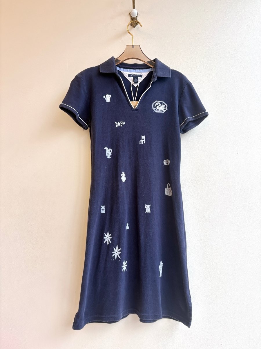 White Tiny Print Polo Dress in Dark Blue | Block Printed (Reworked) - Made X Hudson