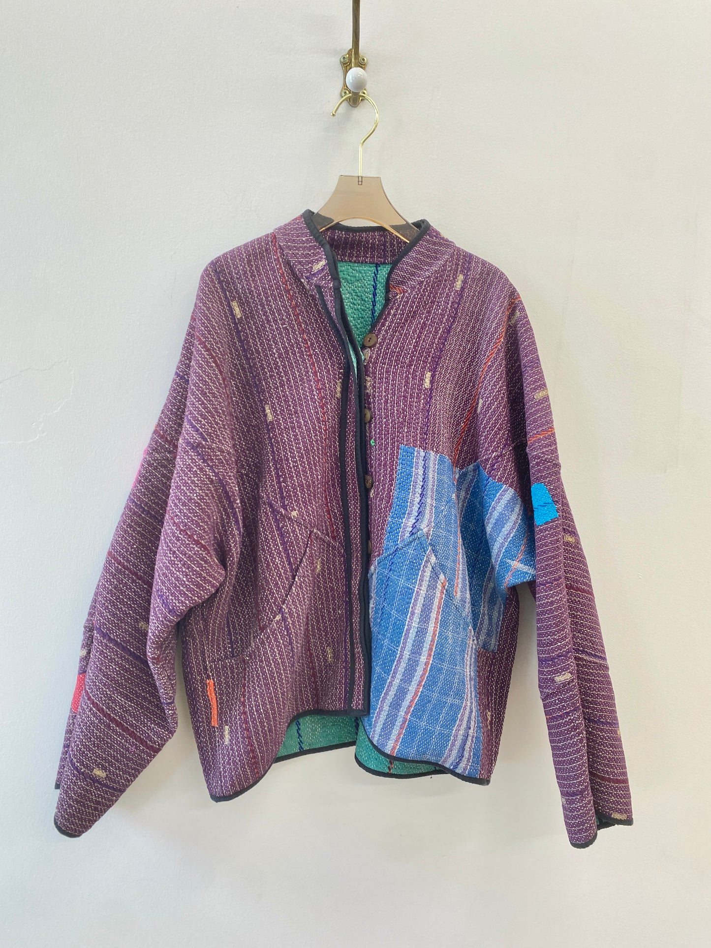 Reversible Ladhiya Quilted Jacket in Colors Turquoise w/ Blue, Red & Orange Embroidery & Plum w/ Beige Stripes