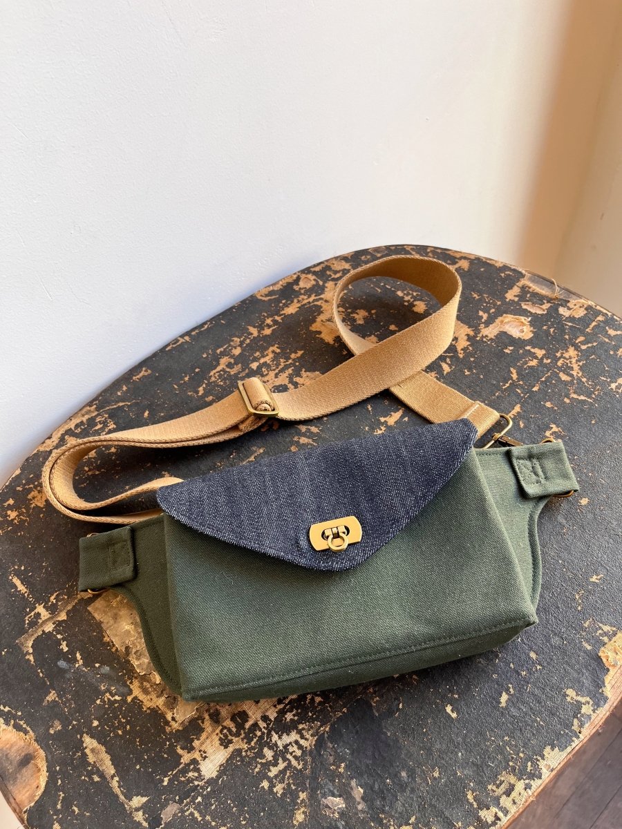 Cross - Body Bag in Army Cotton Canvas & Steel Blue Denim - Made X Hudson